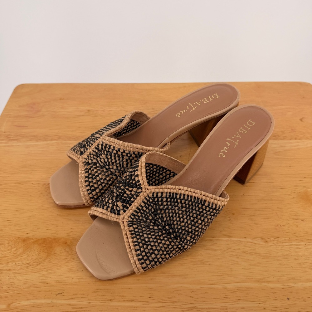 Diba True Trop Hop Sandal Womens 8 Tan Black Woven Block Heel Square Toe Boho